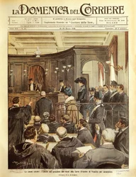 Maria Tarnowska em julgamento em Veneza, por Achille Beltrame, ilustração, Ilustrador Achille Beltrame (1871-1945), de La Domenica del Corrier