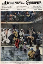 Batismos em massa: Em Glasgow, Escócia, mais de cem pessoas, membros da nova Igreja Bíblica Verdadeira, foram baptizados na piscina municipal. Ilustração de Beltrame. La Domenica del Corriere. 22/07/1928.