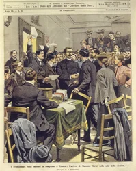 Maxim Gorky chega à reunião dos revolucionários russos em Londres, 26 de maio