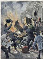 Crise do vinho Midi em 1907: viticultores ateiam fogo à Câmara Municipal de Beziers (Herault). Ilustração de Achille Beltrame, de 1907.