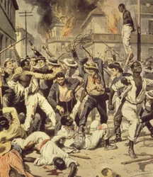 Multidão caça pessoas negras em Springfield, Illinois, Achille Beltrame (1871-1945), de La Domenica del Corriere, agosto de 1908