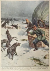 Pacotes de lobos atacando a tripulação de um balão de ar quente russo em terra, ilustração de 