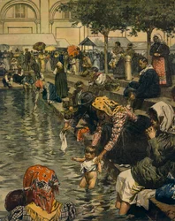 Peregrinação a Caravaggio: Banho em águas milagrosas, por Achille Beltrame (1871-1945), de La Domenica del Corriere
