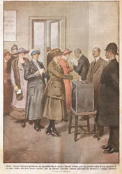 Eleições políticas na Inglaterra: Mulheres votando pela primeira vez, por Achille Beltrame (1871-1945), de La Domenica del Corriere, século XX