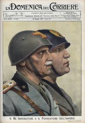 Perfis do Rei Vittorio Emanuele (Victor Emmanuel) III e Duce Benito Mussolini, fundador do império, à maneira dos imperadores romanos. Ilustração de Achille Beltrame em "La domenica del Corriere" de 16/05/1937.