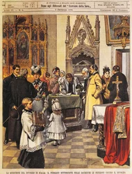 Petição de assinatura pública contra o divórcio em sacristia, por Achille Beltrame, ilustração, Ilustrador Achille Beltrame (1871-1945), de La Domenica del Corriere, 9 de fevereiro de 1902