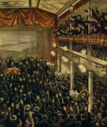 Greve ferroviária em Milão, por Achille Beltrame, ilustração, Ilustrador Achille Beltrame (1871-1945), de La Domenica del Corriere, 30 de abril de 1905