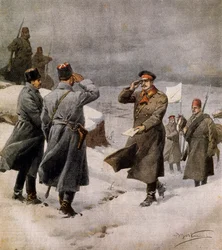 Retomada da guerra, parlamentar turco chegando ao acampamento búlgaro com mensagem anunciando o fim do armistício, Por Achille Beltrame (1871-1945), ilustração de La Domenica del Corriere, 9 de fevereiro