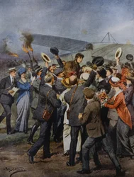 Retorno a Turim do aviador Perrylon, depois de voar em um único dia para Roma, Itália, ilustração de Achille Beltrame de La Domenica del Corriere, 15 de junho