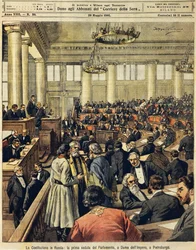 Constituição Russa: primeira reunião do Parlamento em São Petersburgo, por Achille Beltrame (1871-1945), de La Domenica del Corriere, 20 de Maio de 1906