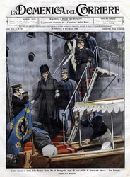 Triste regresso à Itália da rainha Maria Pia de Portugal após 48 anos: o rei italiano Victor Emmanuel III (Victor-Emmanuel) (Vittorio Emanuele) recebeu-o em San Rossore, na Toscana. Ilustração de Beltrame. La Domenica del Corriere. 6/11/1910.