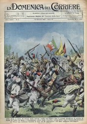 Cena de alegria em Adis Abeba (Adis Abeba), Etiópia, regresso de Ras Hailou das grandes operações policiais. Desonra em honra do Duce (Benito Mussolini) e do Rei da Etiópia. Ilustração de Achille Beltrame em "La domenica del corriere" 10/01/1937.