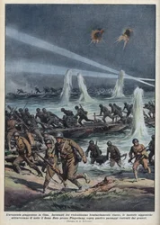 Segunda Guerra Sino-Japonesa (1937-1945): "O exército japonês atravessa o rio Huto perto de Pingshang, sob bombardeamentos chineses." Ilustração de Achille Beltrame de "La domenica del corriere" de 17/10/1937.