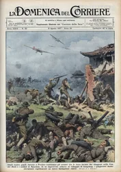 Segunda Guerra Sino-Japonesa (1937-1945): confrontos entre armas japonesas e chinesas perto de Pekin, os japoneses exterminam rapidamente um batalhão chinês inteiro. Ilustração de Achille Beltrame de "La domenica del corriere" de 08/08/1937.
