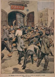 Grave escassez de trabalho na Apúlia, Fornos sendo invadidos por desempregados de Cerignola, de Achille Beltrame, ilustração, Ilustrador Achille Beltrame (1871-1945), de La Domenica del Corriere, 20 de dezembro de 1908