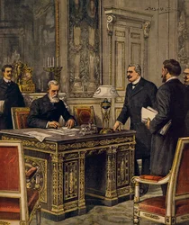 Assinatura da Convenção de Arbitragem Franco-italiana em Paris, por Achille Beltrame, ilustração, Ilustrador Achille Beltrame (1871-1945), de La Domenica del Corriere