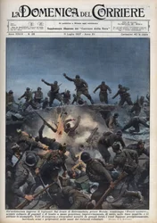 Guerra Civil Espanhola: Uma divisão de voluntários italianos foge do Exército Republicano Espanhol na região de Mérida, Espanha. Ilustração de Achille Beltrame em "La domenica del Corriere" de 11/07/1937.