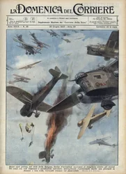 Guerra Civil Espanhola: combates aéreos entre aviões republicanos e nacionalistas sobre a Espanha em guerra. Ilustração de Achille Beltrame em «La domenica del Corriere» de 20/06/1937.