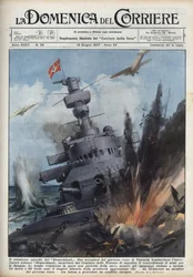 Guerra Civil Espanhola: Dois aviões do governo republicano em Valência bombardearam o cruzador alemão Deutschland para impedir o tráfico de armas para a Espanha. Ilustração de Achille Beltrame em "La domenica del Corriere" de 13/06/1937.