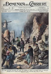 Guerra Civil Espanhola: vista das ruínas da cidade de Eibar no País Basco devorada pelo vermelho. Ilustração de Achille Beltrame em "La domenica del Corriere" de 09/05/1937.