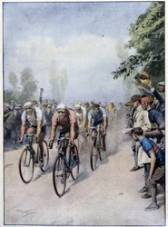 A Volta Italiana de Ciclismo com Guerra e Binda - desenho de A. Beltrame, em "La Domenica del Corriere" de 1 de Fevereiro