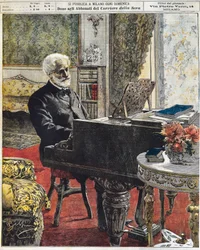 O compositor italiano Giuseppe Verdi em seu estudo, placa de Achille Beltrame (1871-1945), La Domenica del Corriere, 8 de outubro