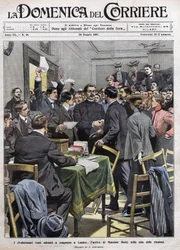 A chegada de Maxim Gorki à sala de reuniões do Congresso em Londres, após a revolução de 1905 na Rússia. Capa da La Domenica del Corriere de 26/05/1907.