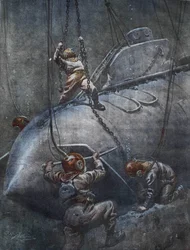 A catástrofe do submarino francês "Pluviose" em 1910. Os scaphandlers tentam consertar as correntes para puxá-lo para cima. Ilustração de Achille Beltrame.