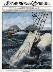 O drama do ar: o final trágico do aviador Leblon correu para a baía de San Sebastian. Ilustração de Beltrame. La Domenica del Corriere. 10-17/04/1910.