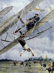 Os dramas do ar: Orville Wright e o tenente americano Selfridge lançam-se com o seu avião a uma altitude de trinta metros. Ilustração de Beltrame. La Domenica del Corriere. 1908.