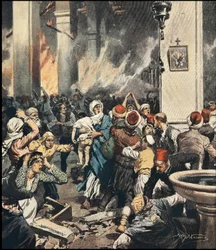 Os massacres de armênios na Turquia em 1909 em Adana, ilustração de Achilles Beltrame (1871-1945) em "La Domenica del Corriere" de maio de 1909