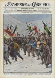 Entre um grupo de bandeiras e flâmulas, as fileiras dos goliares concordaram com Bardonecchia de cada uma delas.