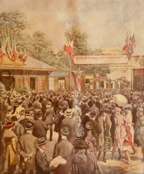 Feira em Milão, por Achille Beltrame, ilustração, Ilustrador Achille Beltrame (1871-1945), de La Domenica del Corriere, 24 de Abril de 1921