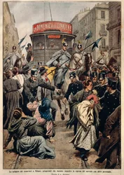 Greve do bonde em Milão, de Achille Beltrame, ilustração, Ilustrador Achille Beltrame (1871-1945), de La Domenica del Corriere