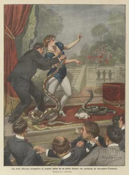 Uma linda feiticeira siberiana de cobras picadas por um python durante um show em Alessandria (Piemonte)