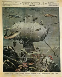 Embarcação submarina para exploração do fundo marinho, ilustração de Achille Beltrame (1871-1945), de La Domenica del Corriere, 1 de março