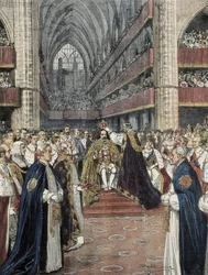 Reino Unido (1901). Coroação de Eduardo VII na Abadia de Westminster. Ilustração de Achille Beltrame publicada na Domenica del Corriere. Gravura.