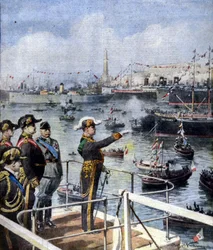 Visita de Benito Mussolini em Génova. O Duce cumprimenta a cidade desde a ponte Esperia. Ill. de Beltrame. La Domenica del Corriere, 6/06/1926.
