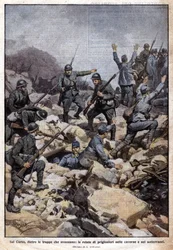A Primeira Guerra Mundial: Frente italiana no planalto do Carso (Trentino) e prisioneiros no subsolo. "Domenica del Corriere". 19/07/1917 (litografia)