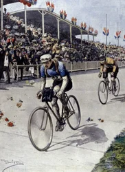 ciclista Peer Breton Vencedor do Tour de France em 1908. ilustração de Achille Beltrame.