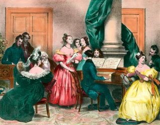 Uma tarde musical em gravura familiar de Achille Deveria (1800-1857) Gravura do século XIX. Coleção particular