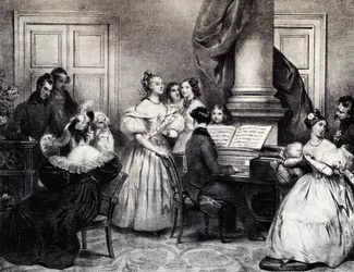Concerto familiar com piano, de Achille Deveria (1800-1857), gravura, França