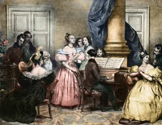 Musical Evening Party - Noite Musical ao redor do pianoforte - por Achille Deveria (1800-1857) ca. 1840