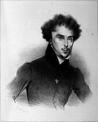 Retrato de Alexandre Dumas, gravura de Deveria