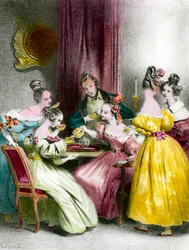 Uma tarde no Salon de the under the Restoration print de Achille Deveria (1800-1857) Colecção Privada do século XIX