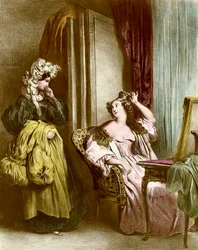 O banheiro: uma elegante jovem mulher com sua litografia de serva de Aquiles Deveria (1800-1857) Coleção do século XIX Particuliere