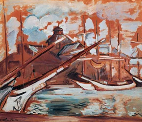 Cena portuária, por Othon Friesz (1879-1949), óleo sobre papelão, 54x65 cm. França, século XX.