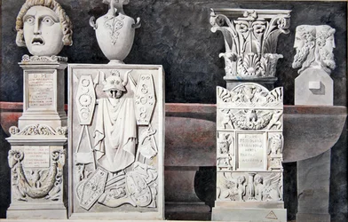 Fragmentos de esculturas antigas (grafite, aguarela e aguarela sobre papel)