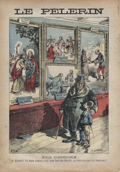 Antisemite dos desenhos animados de Achille Lemot para "Le-Pelerin" de setembro de 1896 - Escola Comercial: quando você se tornar um guindaste, você meu Jacob de cama, o que você vai dividir?