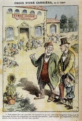 A escolha de uma carreira: Cartoon on the Laique School - por Achile Lemot (1846-1909), em "Le Pelerin" de 04/04/1909